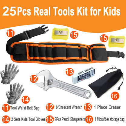 Children's tool set, youth construction workers, kid-size, real hand tools, 25 pieces, hammer, learning tool, belt, waist, junior, boys, teenagers, beginners, woodworking, construction, repair kit.