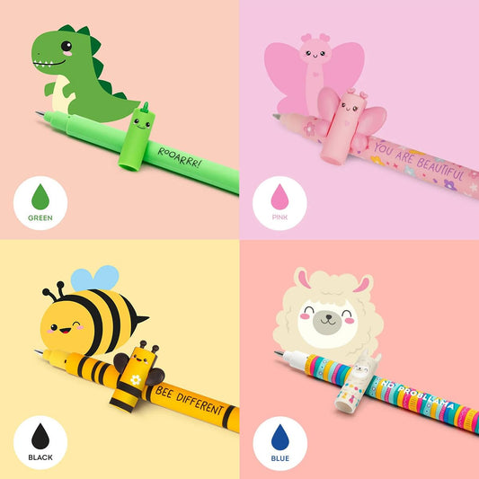 LEGAMI set of 13 erasable gel pens in various ink colors: Panda, Lama, Unicorn, Tiger, Giraffe, Corgi, Teddy, Bee, Dino, Butterfly, Hippo, Penguin, and Kitty.