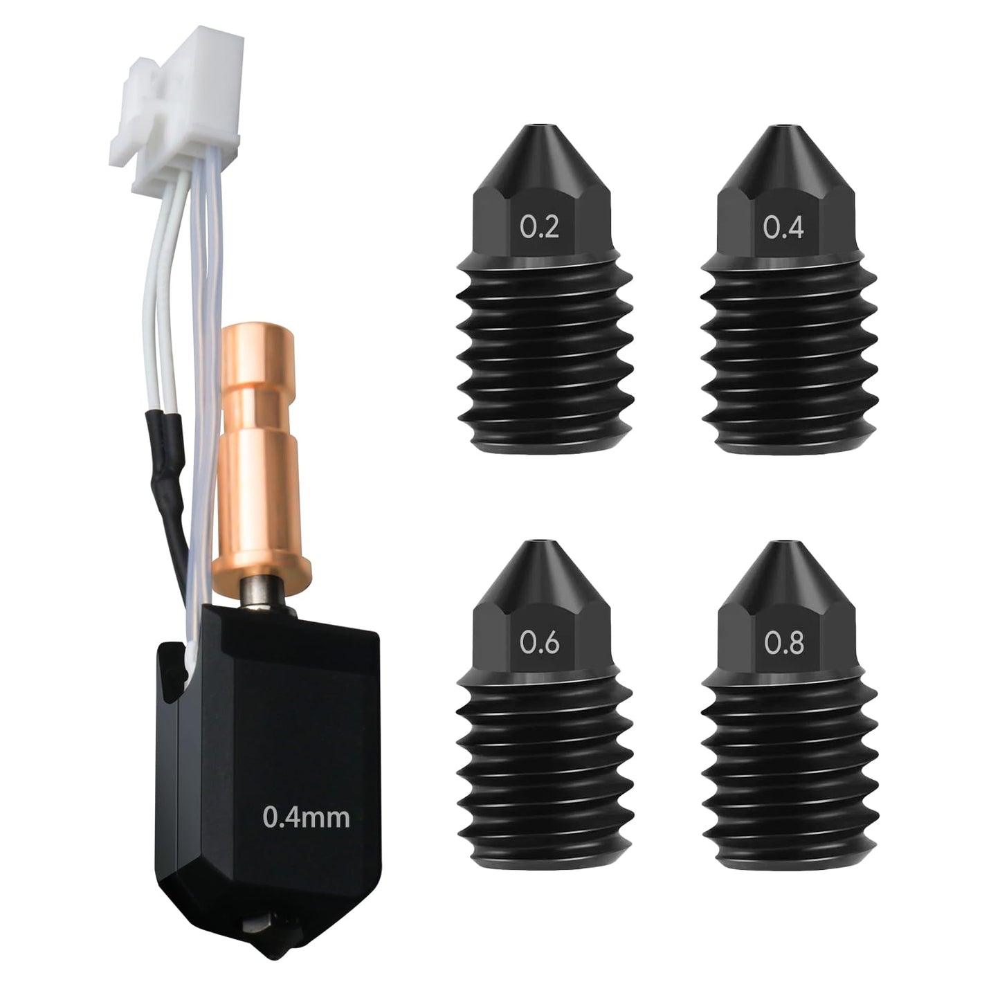 JUUPINE 3D Printer Upgraded Fast Heating Kobra S1 Extruder Ceramic Heating Tube Hot End Kit includes 4 hardened steel nozzles (0.2/0.4/0.6/0.8) and 2 silicone socks.