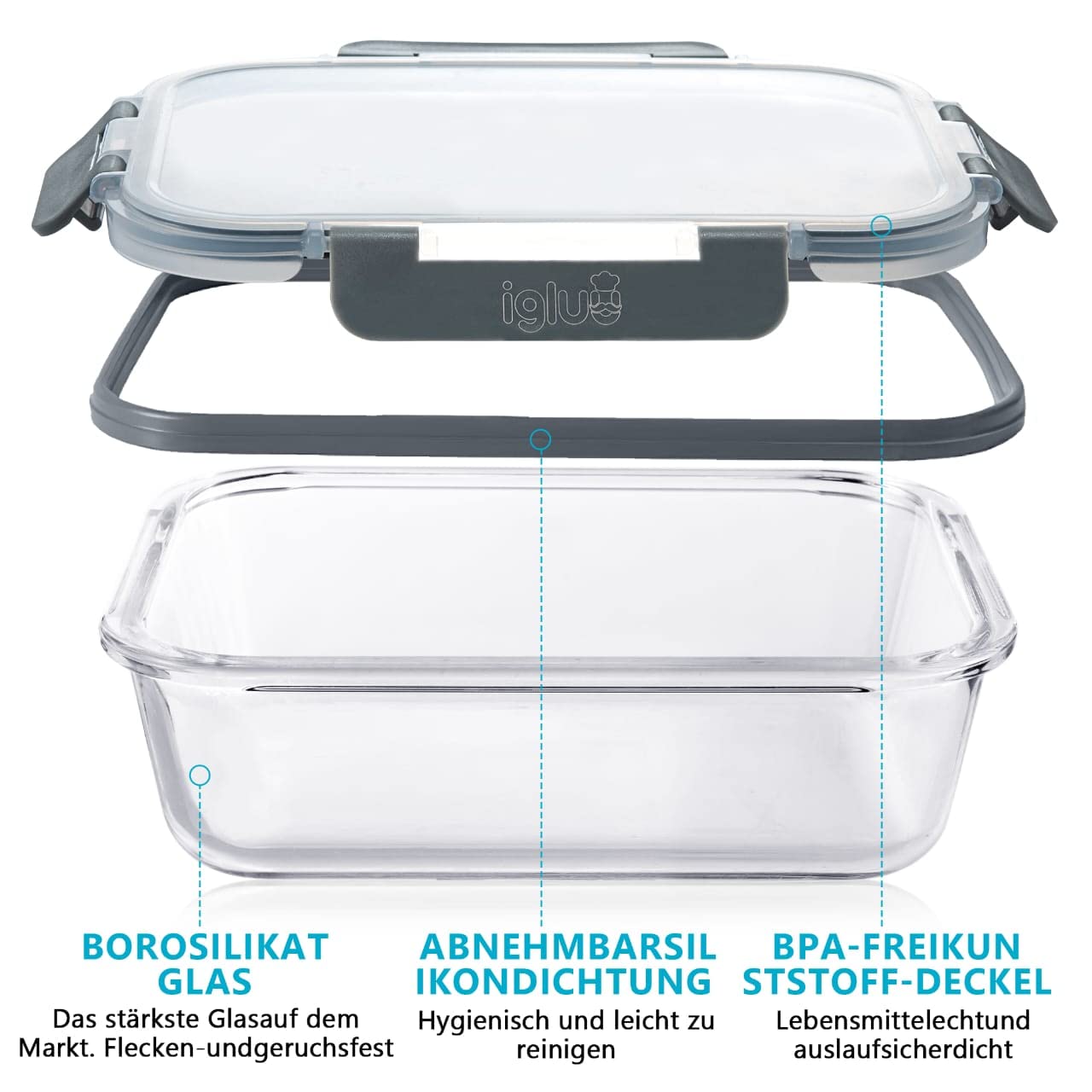 Igluu Meal Prep Glass Food Storage Containers with BPA-free lid (10-pack) - microwave, oven, freezer, dishwasher safe, leak-proof - 370 & 1050 ml - durable borosilicate glass.