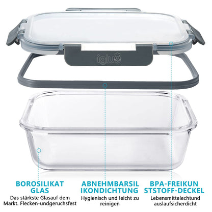 Igluu Meal Prep Glass Food Storage Containers with BPA-free lid (10-pack) - microwave, oven, freezer, dishwasher safe, leak-proof - 370 & 1050 ml - durable borosilicate glass.
