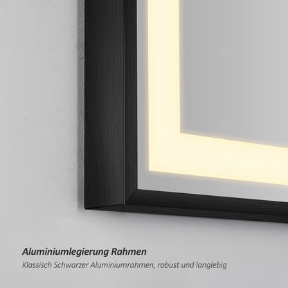 EMKE Bathroom Mirror with Lighting 80x60cm, black with touch control, dimmable, anti-fog, clock, memory function, and neutral light 4300K, energy-saving wall mirror IP44