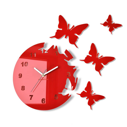 FLEXISTYLE z4c_3 Large Modern Wall Clock Butterfly Red round 30cm, 3D DIY, Living Room, Bedroom, Kids Room