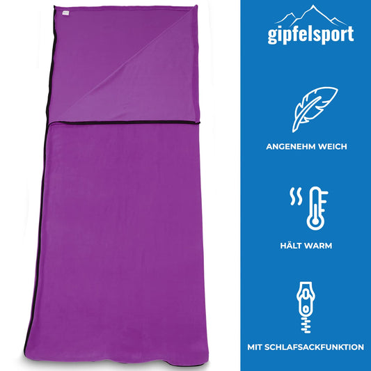 Microfiber fleece blanket with sleeping bag function I Size 185 x 150cm, 690g I Microfiber camping blanket sleeping bag I purple