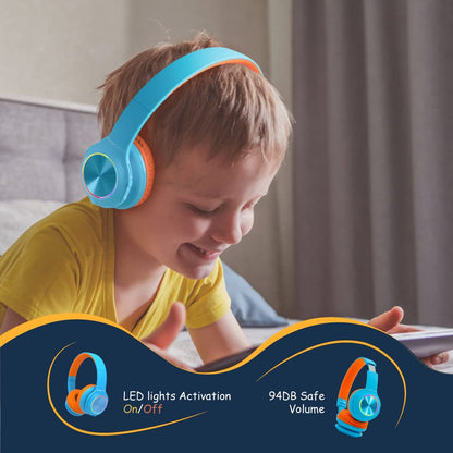 PowerLocus Kids Bluetooth Headphones, Wireless Headphones with LED Lights and 94DB Volume Limitation, Foldable Design, HD Stereo, Micro SD, Built-in Microphone for School/Laptop/Phone/TV