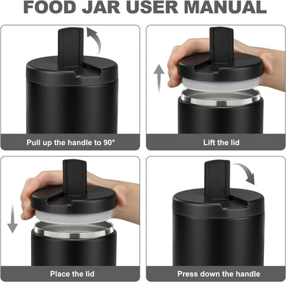 Itslife 560ml stainless steel insulated food jar with buckle cover, wide mouth design, suitable for cold & hot food, leak-proof lunch container for kids, in black.