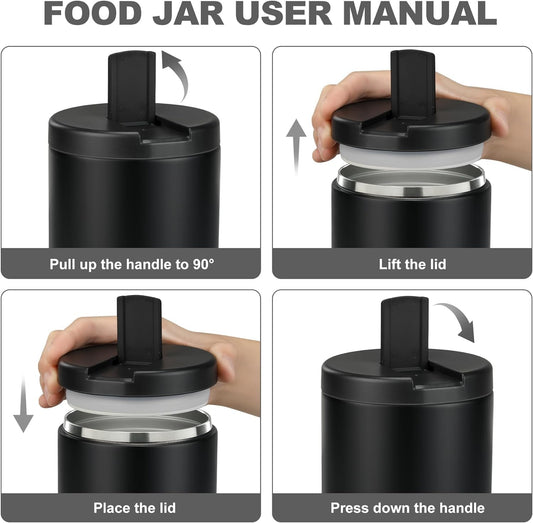 Itslife 560ml stainless steel insulated food jar with buckle cover, wide mouth design, suitable for cold & hot food, leak-proof lunch container for kids, in black.