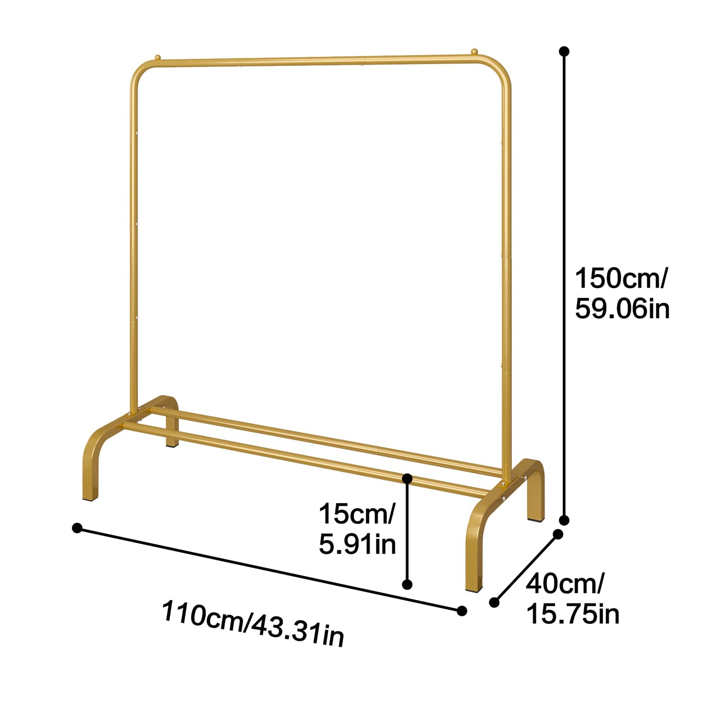 JIUYOTREE Garment Rack 110 cm Metal Clothes Rail Coat Stand with Shelf for Coats, Skirts, Shirts, Sweaters, Gold