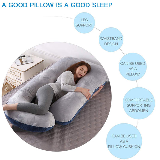 ShowyLive Pregnancy Pillow 145x70cm J-shaped Full Body Pillow Maternity Body Pillow for Sleeping with Removable and Washable Cover Sleep and Feed (gray+blue, Velvet)