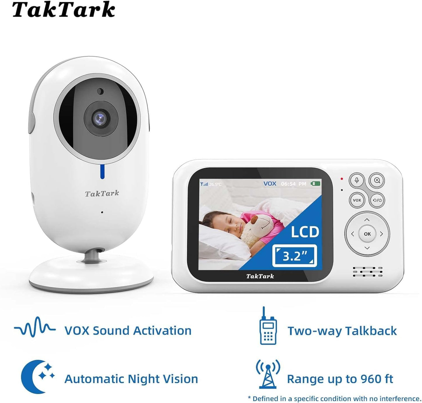 TakTark video baby monitor with camera, 3.2'' screen, zoom, VOX function, 2-way talk, night vision, temperature monitoring.