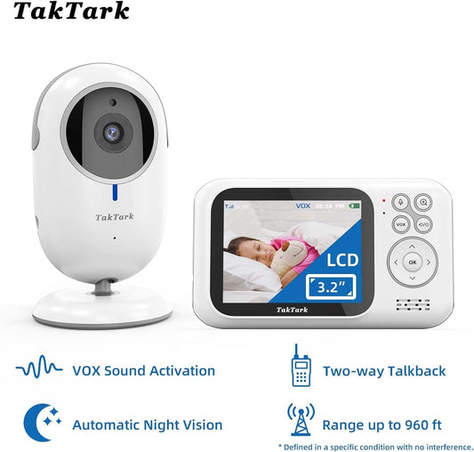 TakTark video baby monitor with camera, 3.2'' screen, zoom, VOX function, 2-way talk, night vision, temperature monitoring.