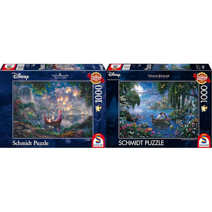 Schmidt Spiele 59480 Thomas Kinkade, Disney, Rapunzel, 1000 piece puzzle, and 57370 Thomas Kinkade, Disney, The Little Mermaid and Prince Eric, 1000 piece puzzle.