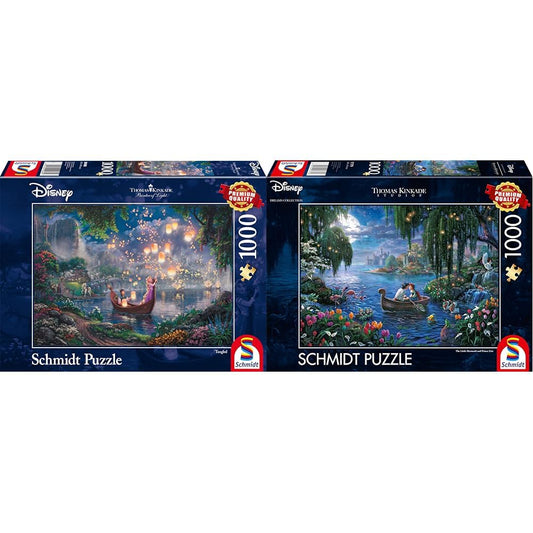 Schmidt Spiele 59480 Thomas Kinkade, Disney, Rapunzel, 1000 piece puzzle, and 57370 Thomas Kinkade, Disney, The Little Mermaid and Prince Eric, 1000 piece puzzle.