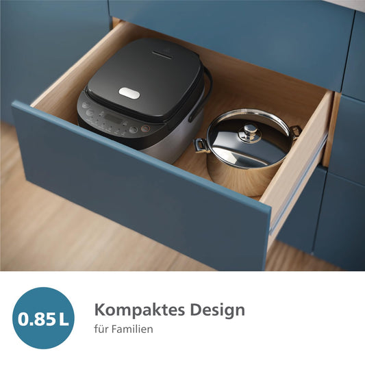 Philips Multi-Cooker 3000 Series - 0.85L, 8 cooking functions, 4-layer non-stick pot, 30-minute quick cook mode, Fuzzy Logic, Black-Silver design (HD3093/80)