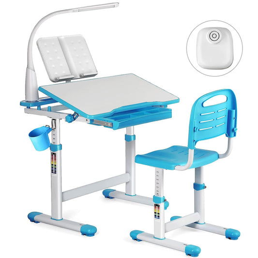 JOYLDIAS Children's desk adjustable in height, student desk youth desk with lamp, kids desk with chair and drawer including free small bucket/Blue