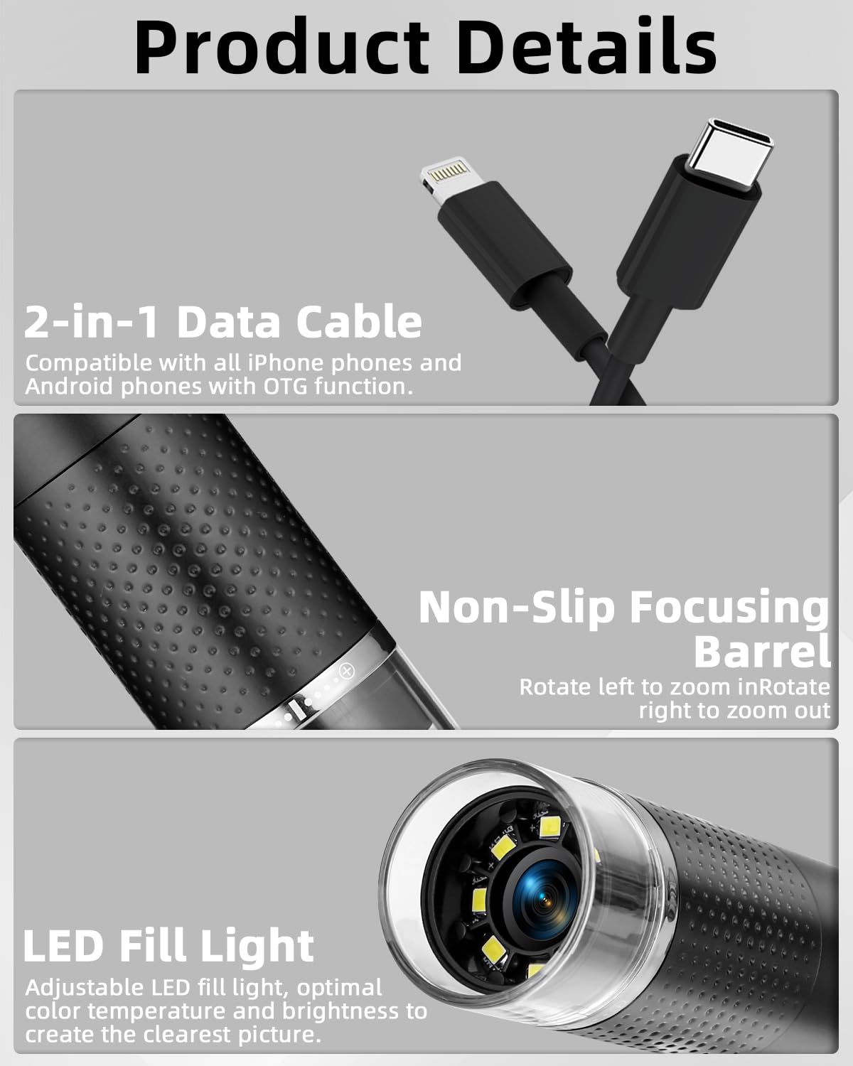 USB Microscope for Phone, 1080P HD, Compatible with iOS, Android, Tablet, 10 to 200X Portable Pocket Microscope, 3 Adjustable LED Lights Microscope Digital, Portable Microscope for Adults and Kids