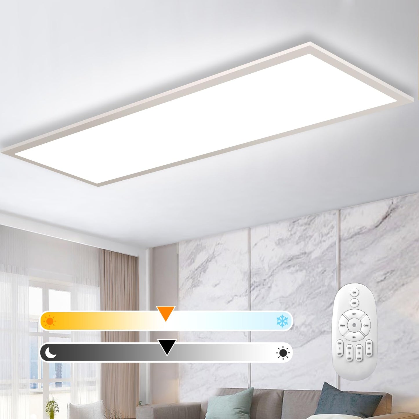 Dimmable LED ceiling light 100x25 cm, 28W ceiling light panel with remote control and memory function, Indirect strong luminous intensity light 2700K-6500K, Ultra thin daylight lamp for office living room kitchen