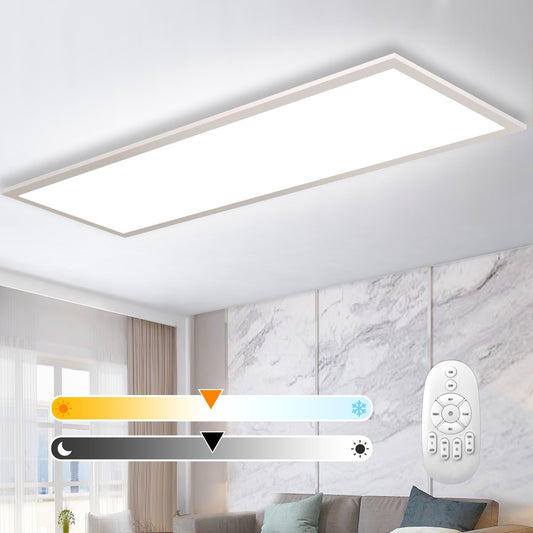 Dimmable LED ceiling light 100x25 cm, 28W ceiling light panel with remote control and memory function, Indirect strong luminous intensity light 2700K-6500K, Ultra thin daylight lamp for office living room kitchen