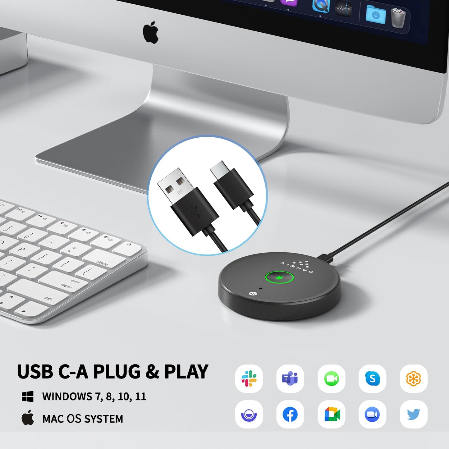 AIRHUG USB microphone, speakerless, desktop computer microphone, mute button with LED indicator, AI noise reduction, plug & play, omnidirectional condenser, PC laptop microphones, for