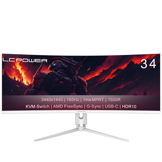 LC-POWER LC-M34-Q-C-PRO 34 inch Ultra WQHD Gaming Curved Monitor 3440x1440, 165Hz, HDR10, 1ms, 1500R, FreeSync, USB-Hub, KVM-Switch