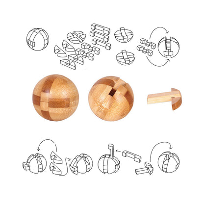 Wooden puzzle set of 9 pieces, including brain teasers, skill games, logic games, IQ games, and patience games. 3D mini puzzles for adults and kids, measuring 4.5cm. Great gift idea.