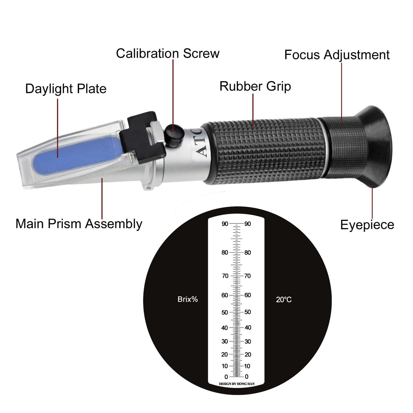 HHTEC Refractometer 0-90% Brix handheld refractometer for determining sugar content of honey, plant oil, syrup, molasses with ATC function and German manual.