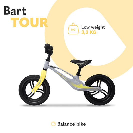 Lionelo Bart Tour balance bike for ages 2 and up to 30 kg, magnesium frame, sporty style, maintenance-free PU 12" wheels, adjustable handlebar and saddle, durable and very light.