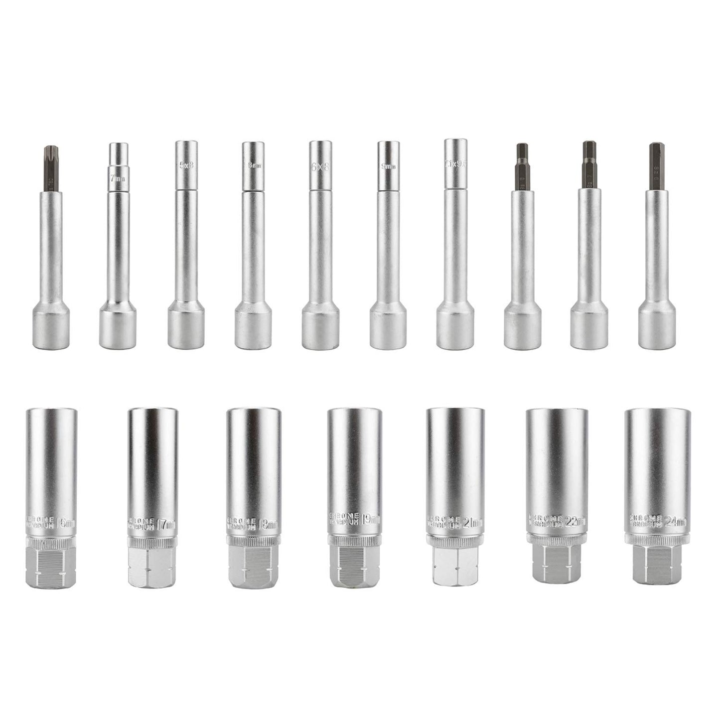 FreeTec 18-piece shock absorber, spring strut, and strut bearing tool set with 1/2 inch drive.