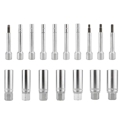 FreeTec 18-piece shock absorber, spring strut, and strut bearing tool set with 1/2 inch drive.