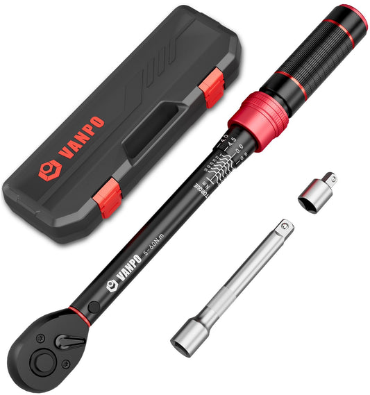 VANPO 3/8 inch torque wrench 5-60Nm, 72 teeth bicycle & motorcycle torque wrench set 3 pieces with 125mm extension bar, 3/8"-1/4" adapter, for car spark plug replacement.