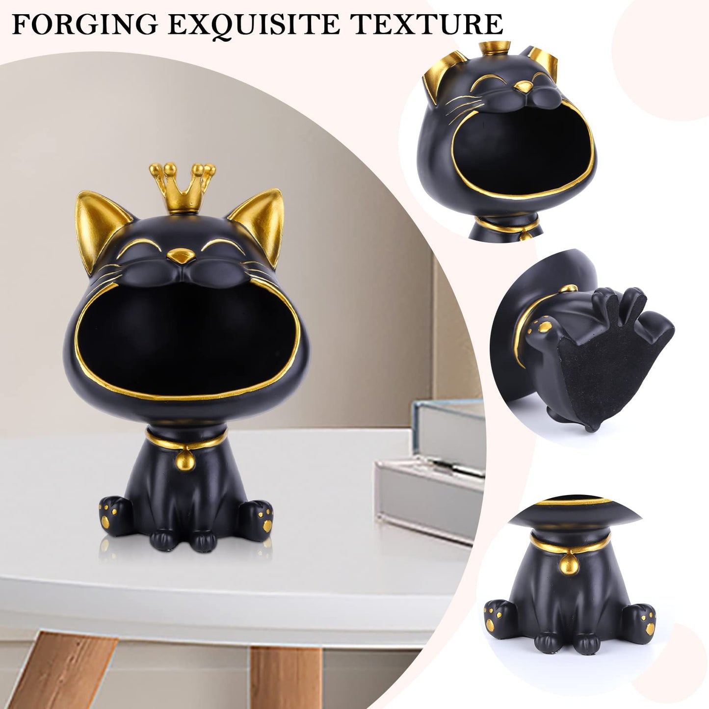 BLOOOK Laughing Cat Figurine Statue, Maneki Neko Fortune Cat Sculpture, Kawaii Cat Decor Gift, Key Tray, Jewelry Tray, Modern Decor for Living Room Home Entryway Furniture (Black)