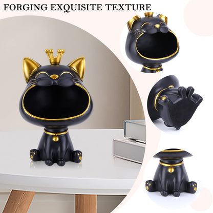 BLOOOK Laughing Cat Figurine Statue, Maneki Neko Fortune Cat Sculpture, Kawaii Cat Decor Gift, Key Tray, Jewelry Tray, Modern Decor for Living Room Home Entryway Furniture (Black)