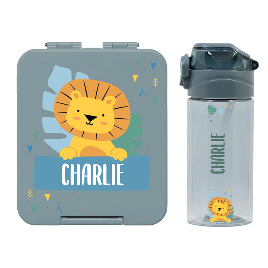 Well-marked - Set with personalized water bottle for kids & personalized plastic lunch box for kids - water bottle with straw and 450ml - 100% BPA-free (Petrol)