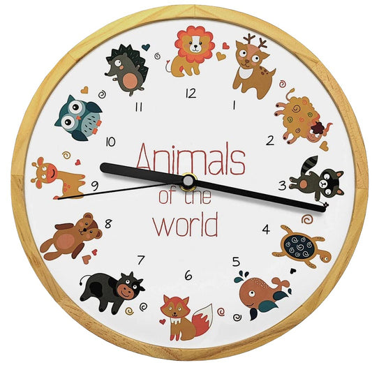 Wooden Nature Kids Wall Clock Children's Wall Clock Boys Girls Fox Lion DEER Dolphin Tortoise Animals Design wooden silent movement without ticking noise silent (Colorful.Animals.Animal)