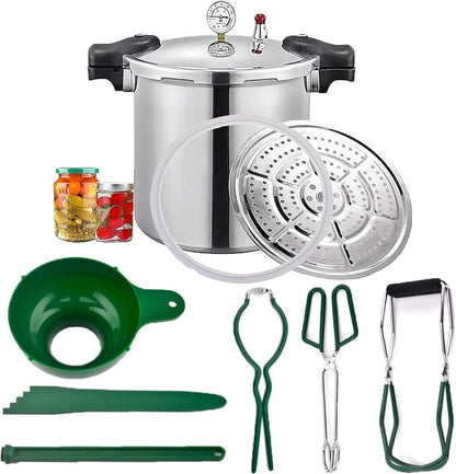 25 liter pressure cooker canner for all American canning needs, water bath canner included. Features pressure gauge, pressure regulator, and induction compatibility. Pressure release valve set at 13 PSI +/- 5%.