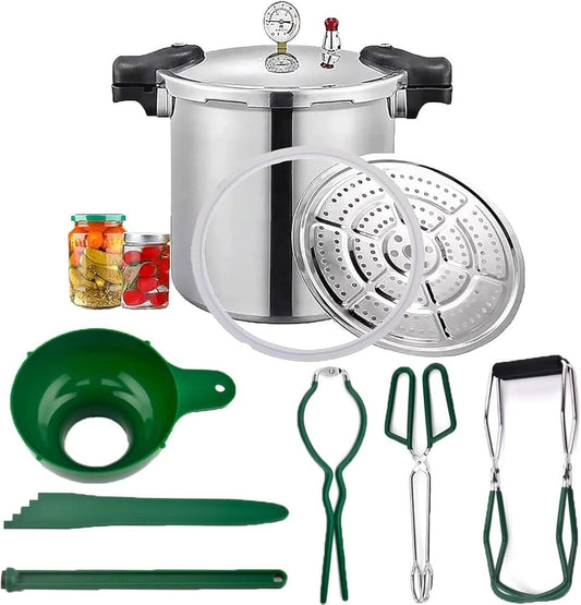 25 liter pressure cooker canner for all American canning needs, water bath canner included. Features pressure gauge, pressure regulator, and induction compatibility. Pressure release valve set at 13 PSI +/- 5%.