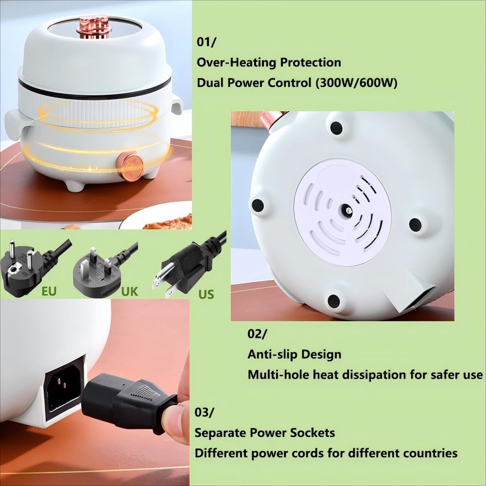 RHD Electric Hot Pot 2.2L with Steamer, Portable Non-Stick Frying Pan, Travel Cooker for Frying/Ramen/Fondue/Soup for Dorm/Camping/Home, Dual Power Control, Overheat Protection