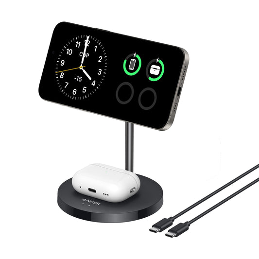 Anchor MagGo 15W Magsafe charger compatible, 2-in-1 inductive charging station, Qi2 wireless charger for iPhone 16/15/14/13/12, AirPods Pro, with 1.5m USB C cable, without power adapter.