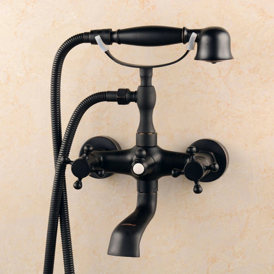 Hiendure® wall-mount two handle bathtub faucet with hand shower in rubbed oil bronze finish.