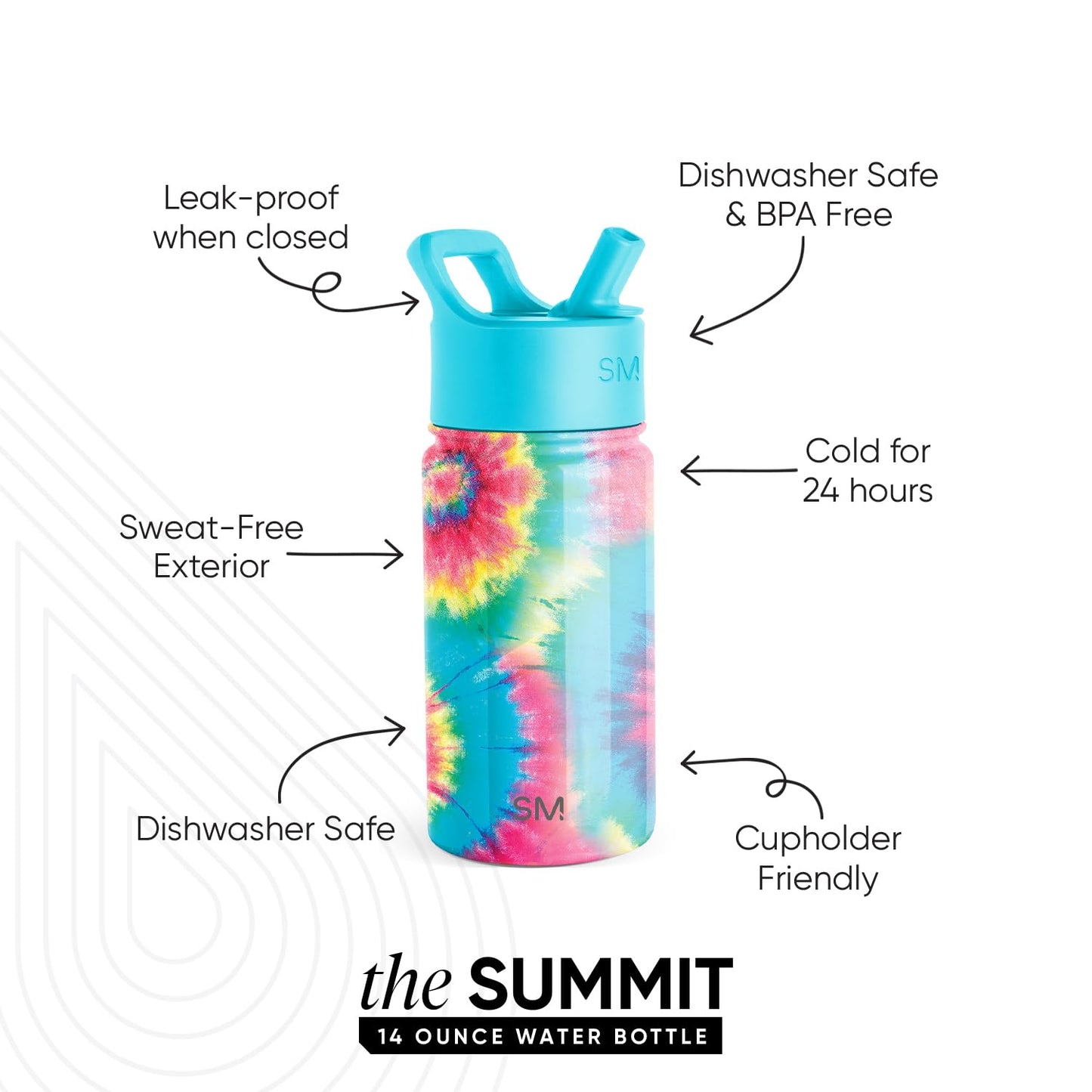 Simple Modern Kids Water Bottle with Straw | Insulated Stainless Steel Children's Drinking Bottle for Toddlers Boys and Girls | Summit | 415ml | Tie-Dye