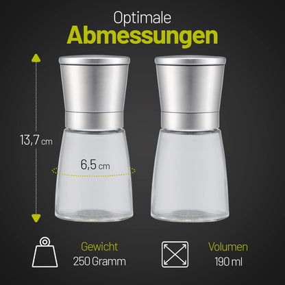 Zolmer® Salt and Pepper Mill with Bamboo Stand - Spice Mill Set of 2 made of Stainless Steel & Glass - Ceramic Grinder, adjustable, refillable & stylish for any kitchen.