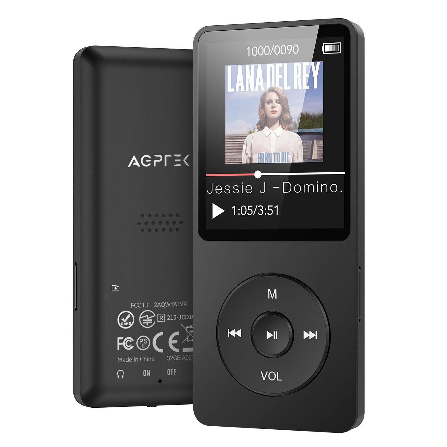 AGPTEK MP3 Player 32GB with Speaker, 70 Hours Battery Life Small and classic sports MP3 player with 1.8-inch screen, FM radio, recording (No Bluetooth), TF card up to 128GB, Black