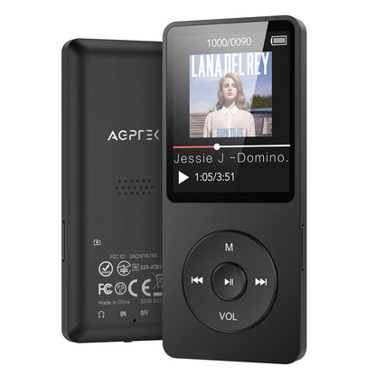 AGPTEK MP3 Player 32GB with Speaker, 70 Hours Battery Life Small and classic sports MP3 player with 1.8-inch screen, FM radio, recording (No Bluetooth), TF card up to 128GB, Black