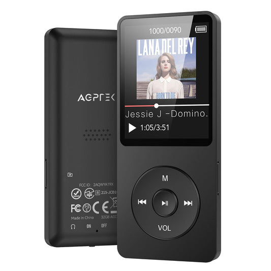 AGPTEK MP3 Player 32GB with Speaker, 70 Hours Battery Life Small and classic sports MP3 player with 1.8-inch screen, FM radio, recording (No Bluetooth), TF card up to 128GB, Black