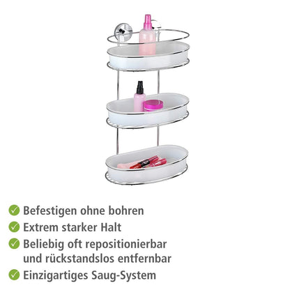 WENKO Vacuum-Loc wall shelf 3 tiers Milazzo, wall shelf without drilling, shower shelf, shelf for bathroom and kitchen, chromed metal with white plastic insert, 28 x 47.5 x 15 cm