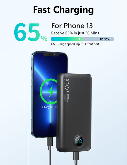 debopo Power Bank, 27000mAh 30W PD3.0 QC4.0 4.5A Fast Charging, USB C Input and Output External Battery with 3W Bright Flashlight, Led Display for Smartphones, Tablets, and more.
