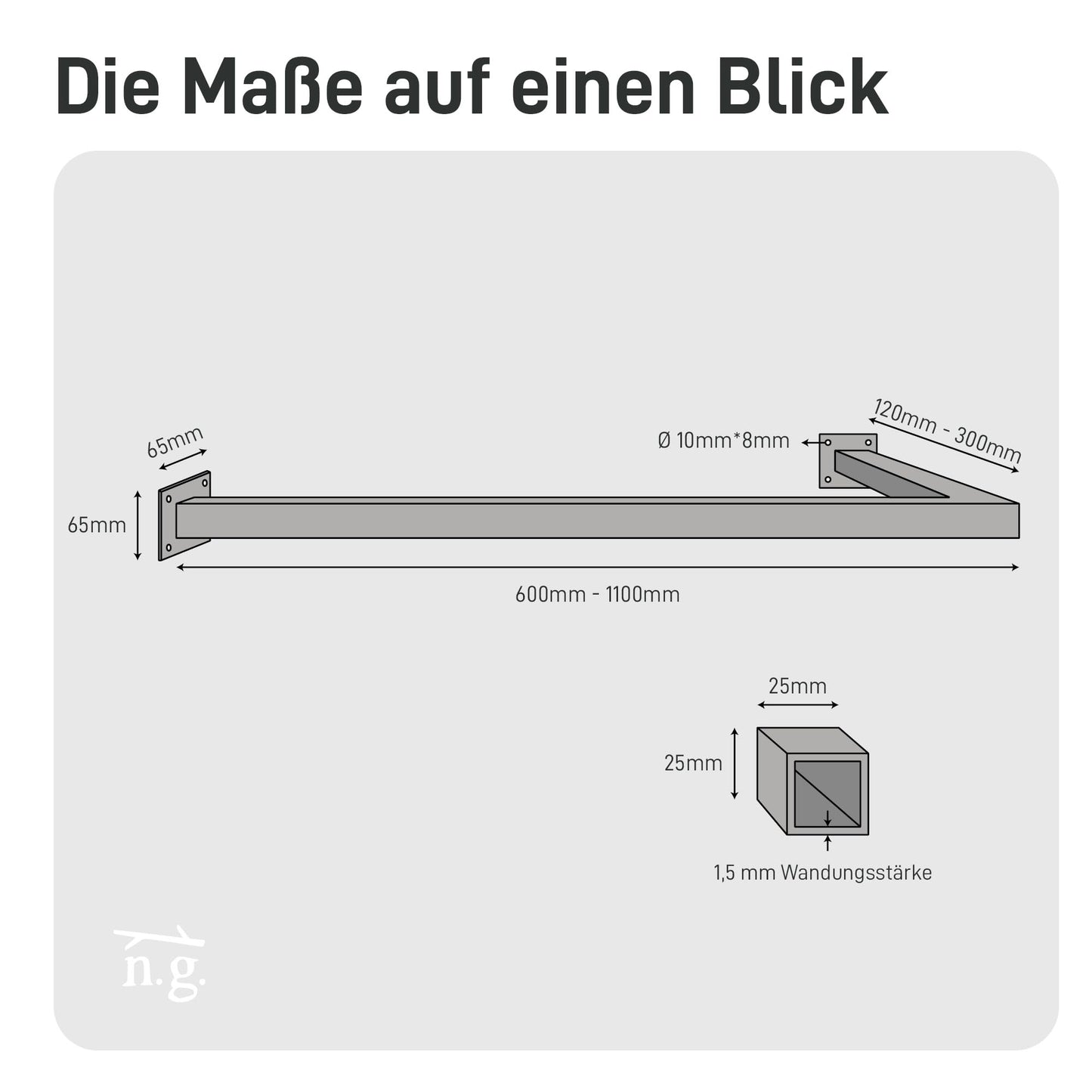 Natural Goods Berlin 1x Clothes rail CORNER Wall mount - L-shaped wardrobe rail for hallway, bathroom or kitchen (Black, 60x30cm) - Corner wardrobe made of stainless steel in a minimalist design