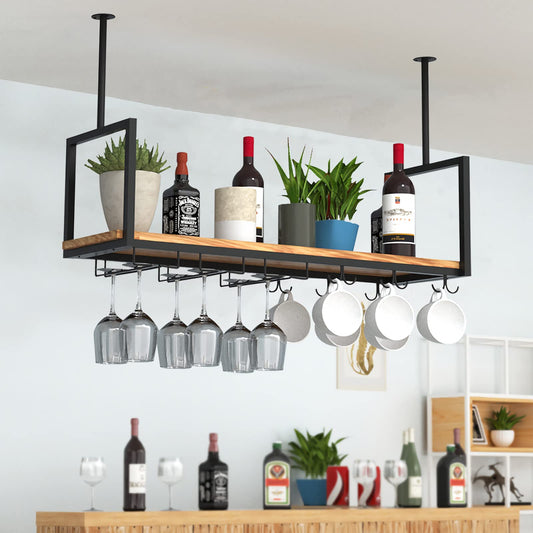 DSVONAUS Hanging Wine Rack and Glass Holder - 80cm metal wine rack with 2 types of glass holders, ceiling mounted wine glass rack, bottle holder, perfect for bar cafe kitchen (80x30x60cm)