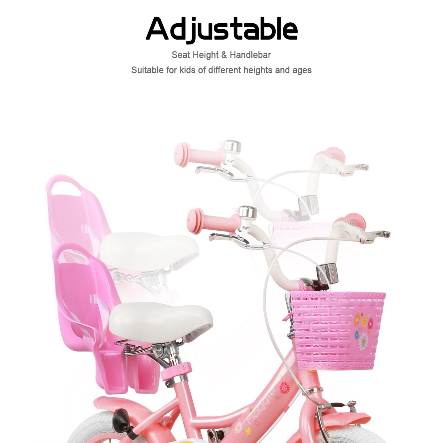 Glerc Maggie 12 inch kids bike for 1 2 3 4 year old girls. Princess style with doll seat, basket, training wheels & bell. Perfect birthday gift, pink to white.