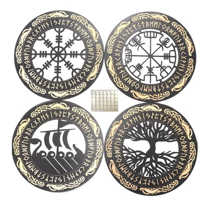 Arsey Vikings Nordic Mythology Runes Wooden Ornaments Medieval Decor Wall Sculptures Wall Ornament Compass Tree of Life Vegvisir Wall Decor Living Room Bedroom Wall Art, Wood, Yellow, 4 Pieces